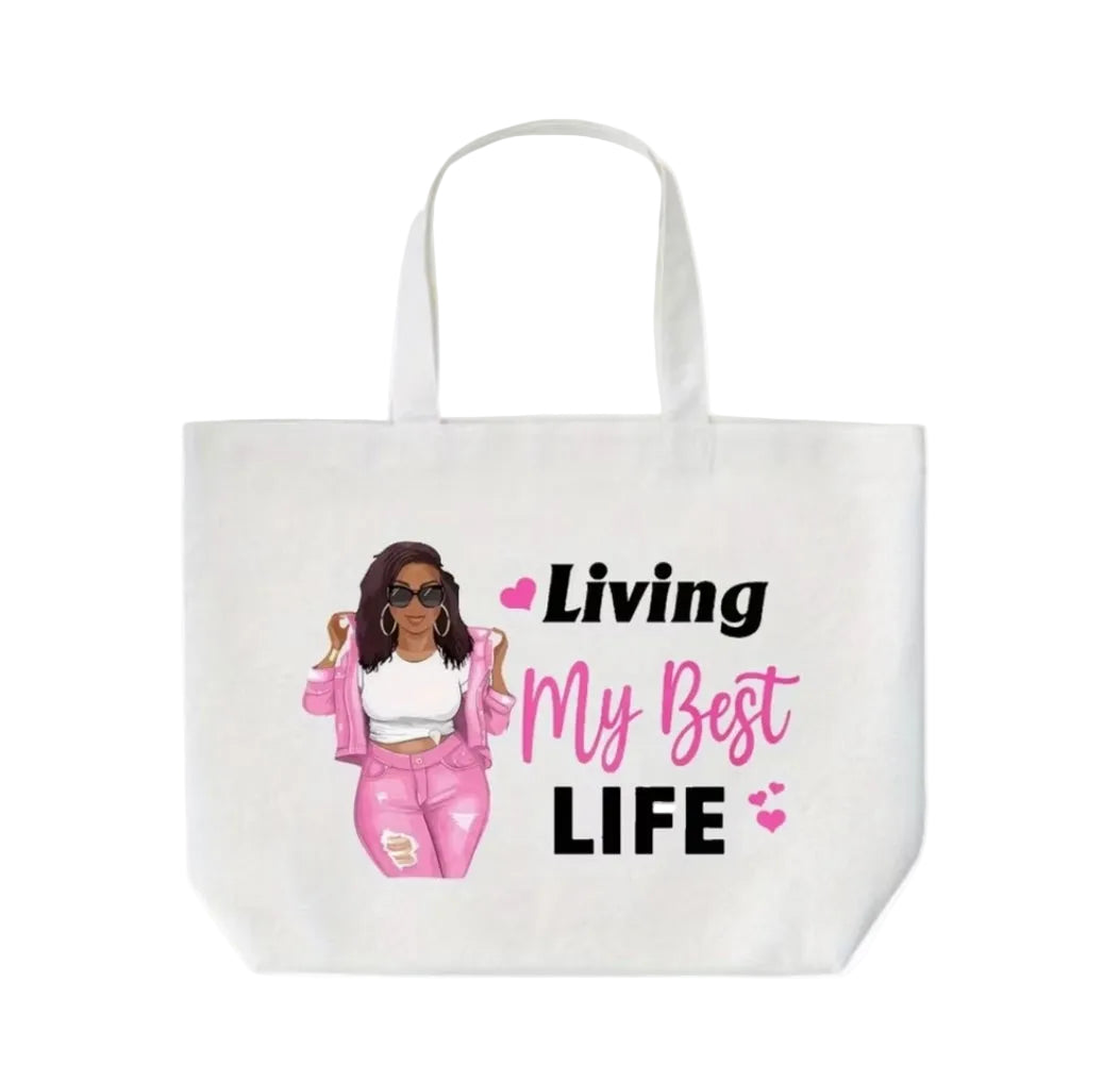 Pre-Order - Living My Best Life African American Woman Tote Bag - White & Pink