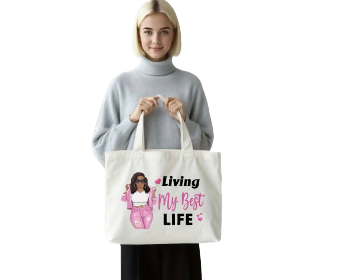 Pre-Order - Living My Best Life African American Woman Tote Bag - White & Pink