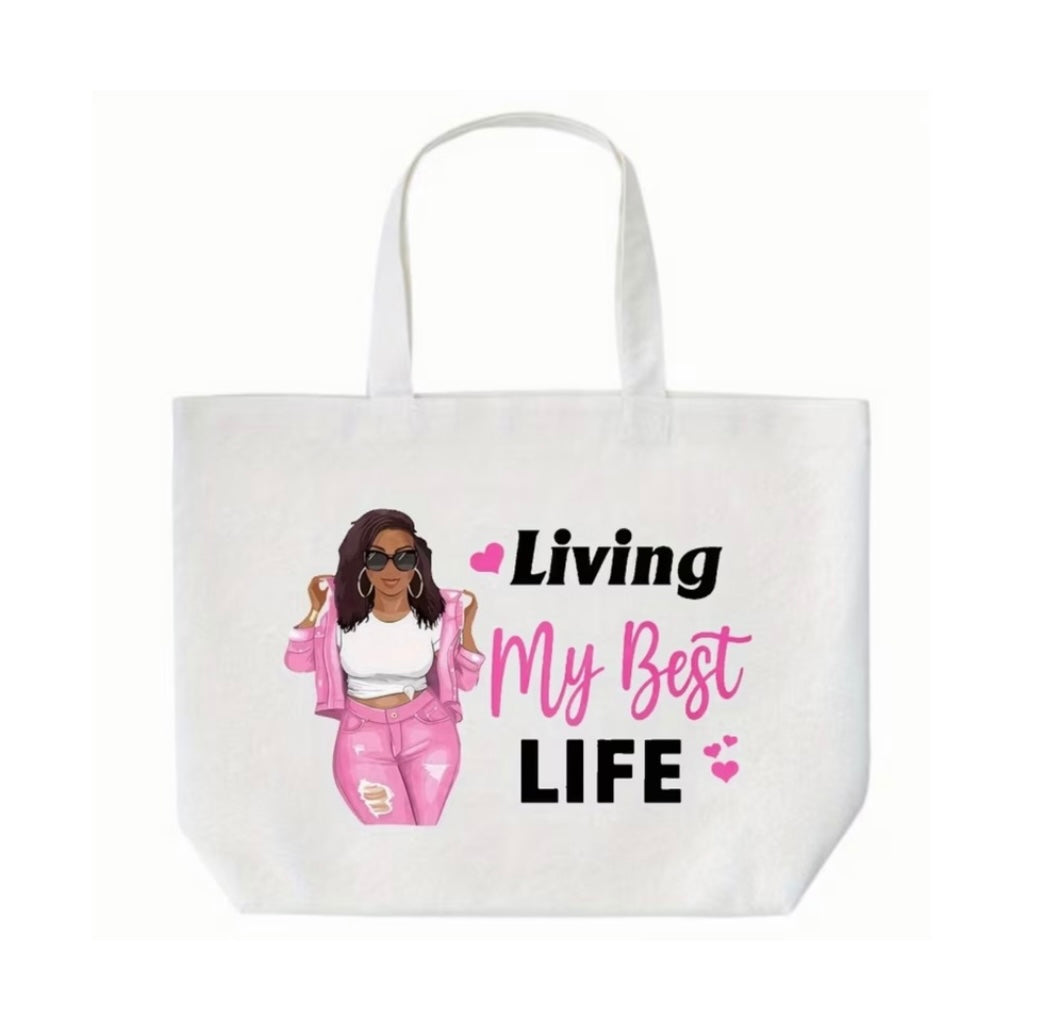 Pre-Order - Living My Best Life African American Woman Tote Bag - White & Pink