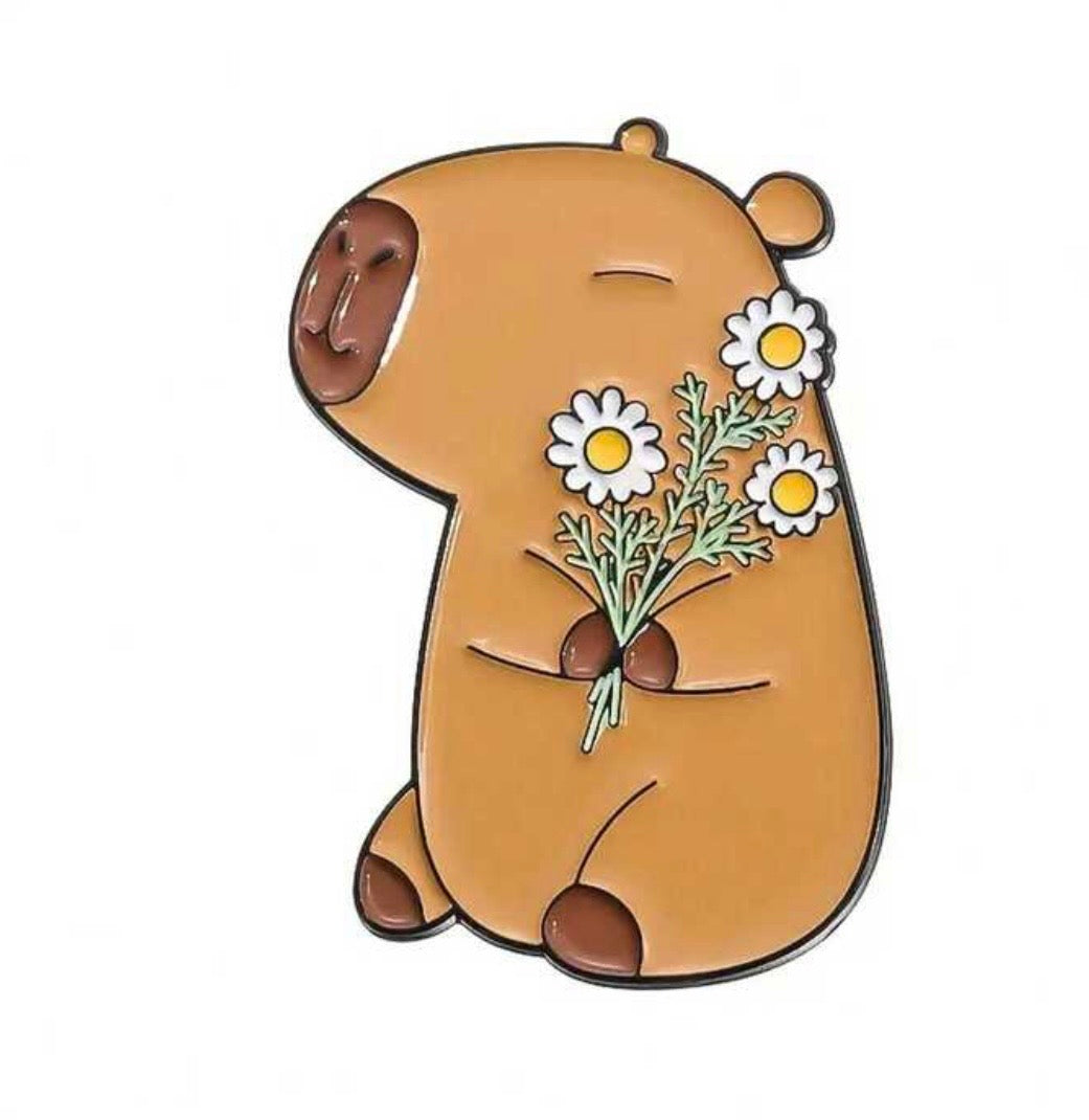 Capybara with flowers enamel pin
